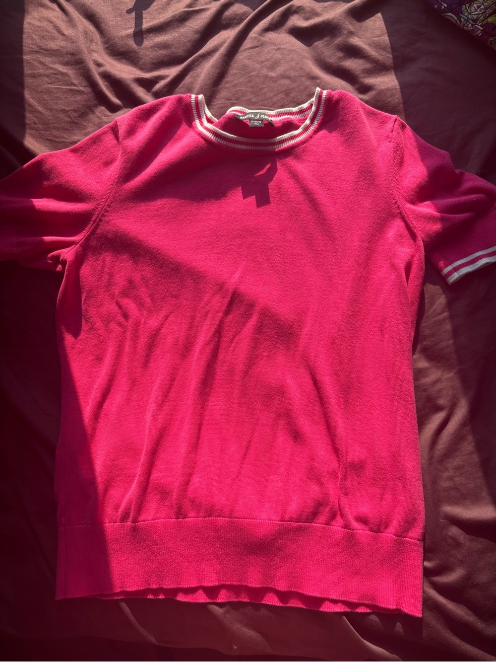 Nautica Bright Pink Short-Sleeve Crewneck Sweatshirt with Contrast Trim